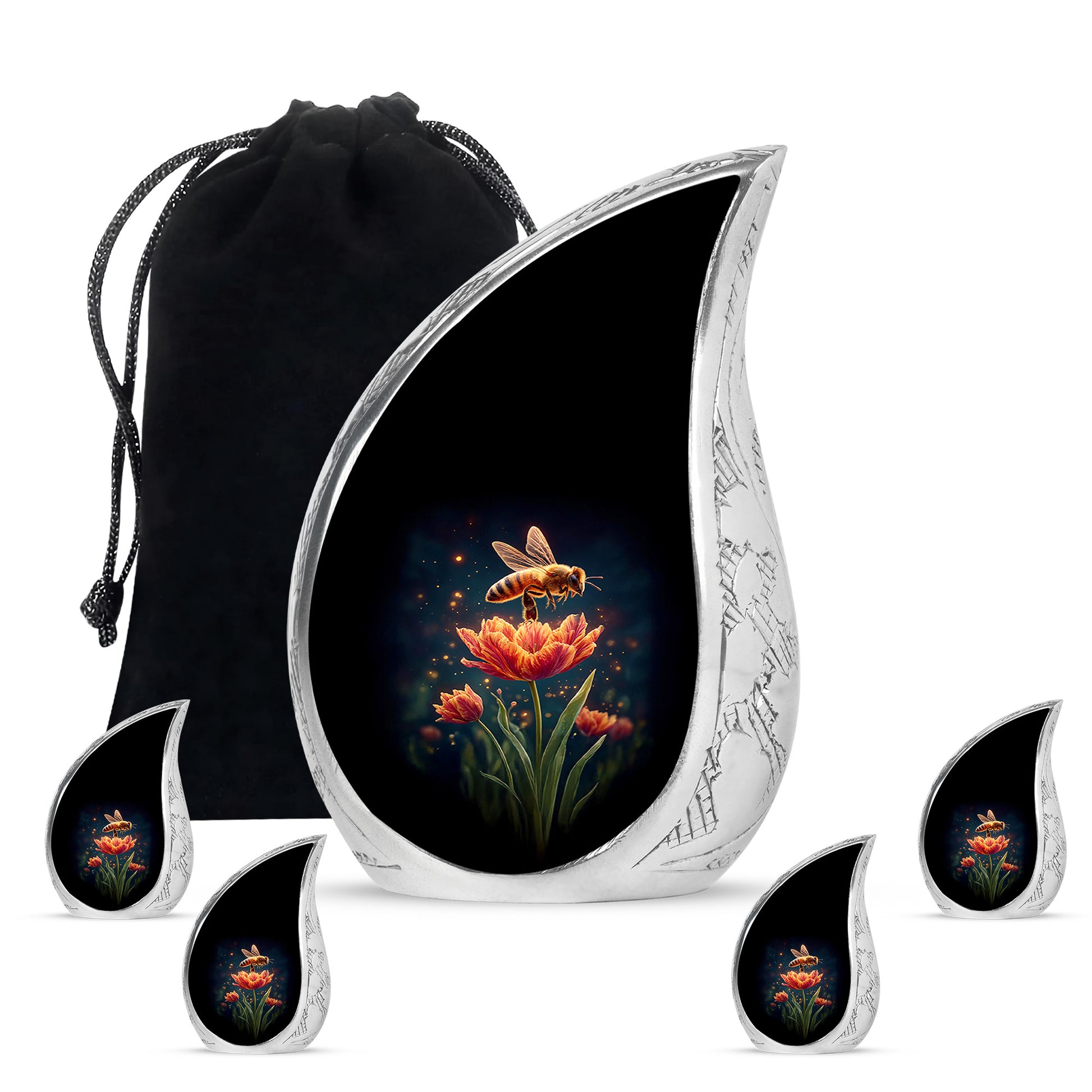 Deep Black Bee Cremation Urn side profile showing urn shape - flowing teardrop bee silhouette on curved aluminum - memorial set with one large and four small urns