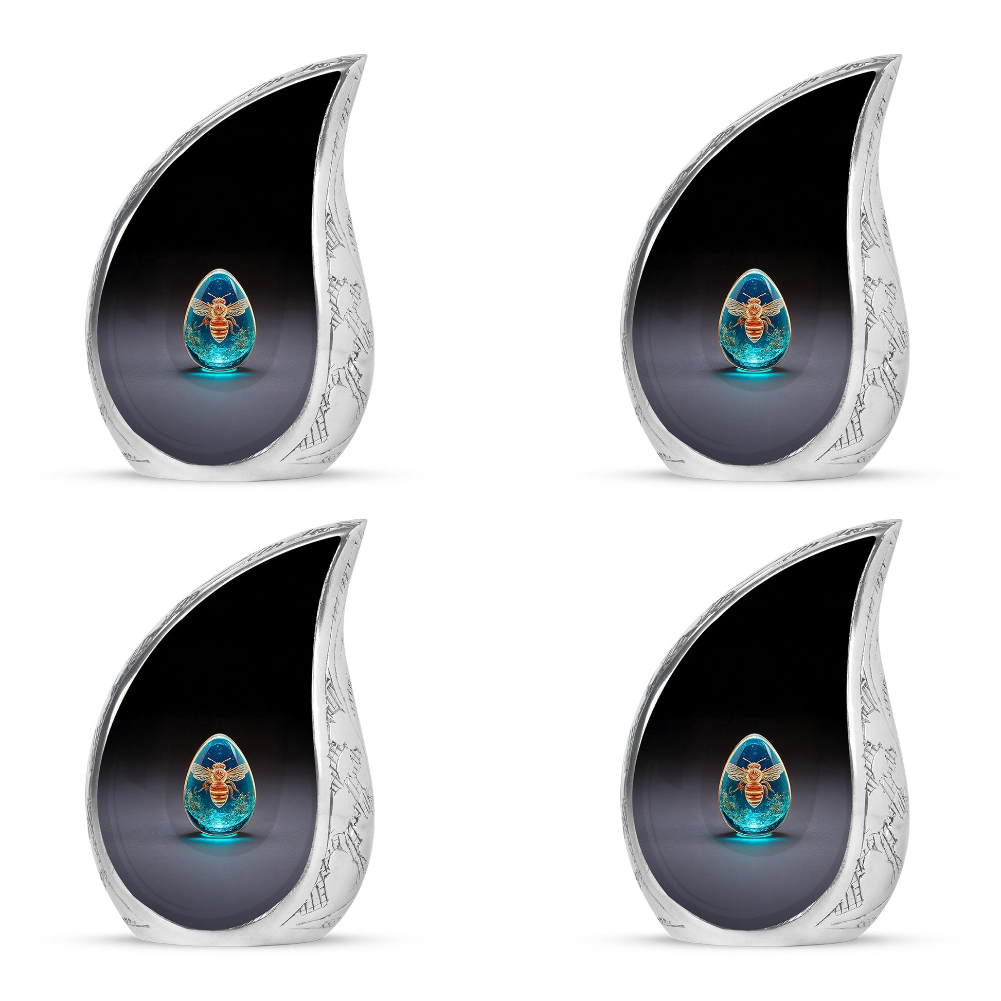 Jet Black Bee Cremation Urn close-up of engraving and surface detail - rounded teardrop bee design with delicate detail - 10 inch aluminum urn for cremated remains