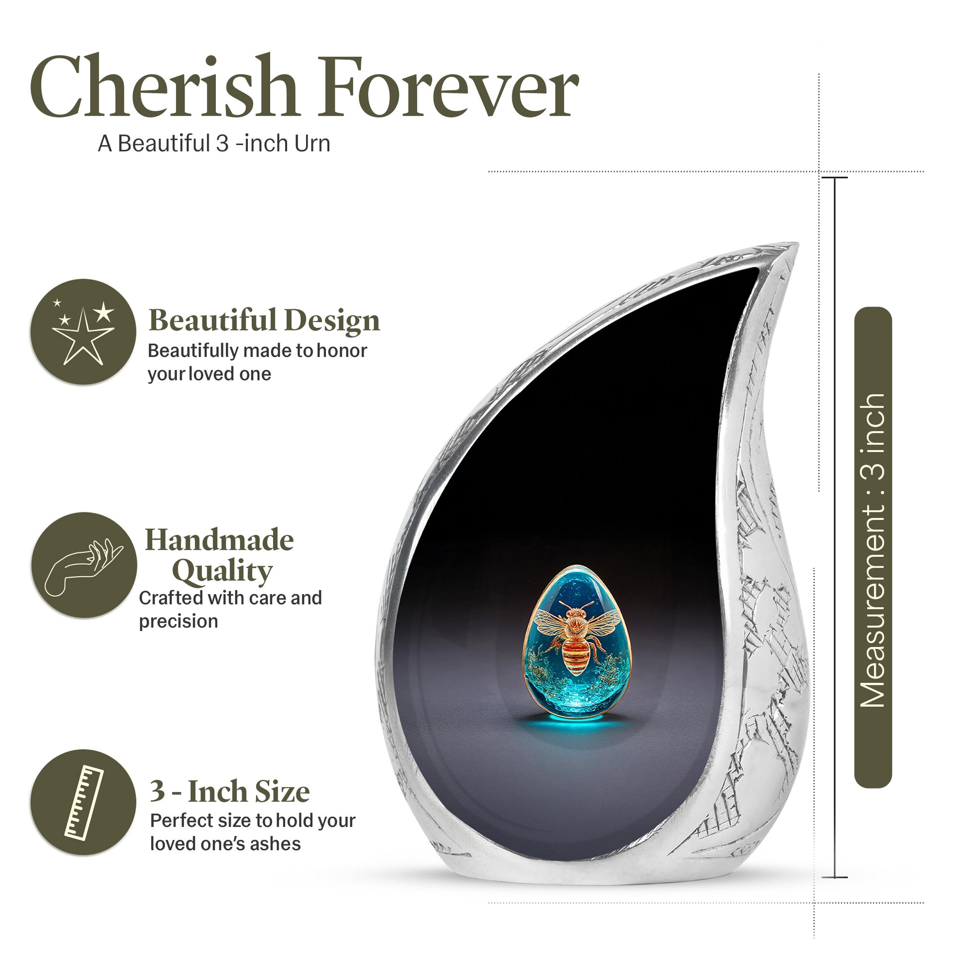 Dark Black Bee Cremation Urn angled view of lid and engraved motif - smooth teardrop contour featuring bee art - mini keepsake memorial for portion of cremation ashes