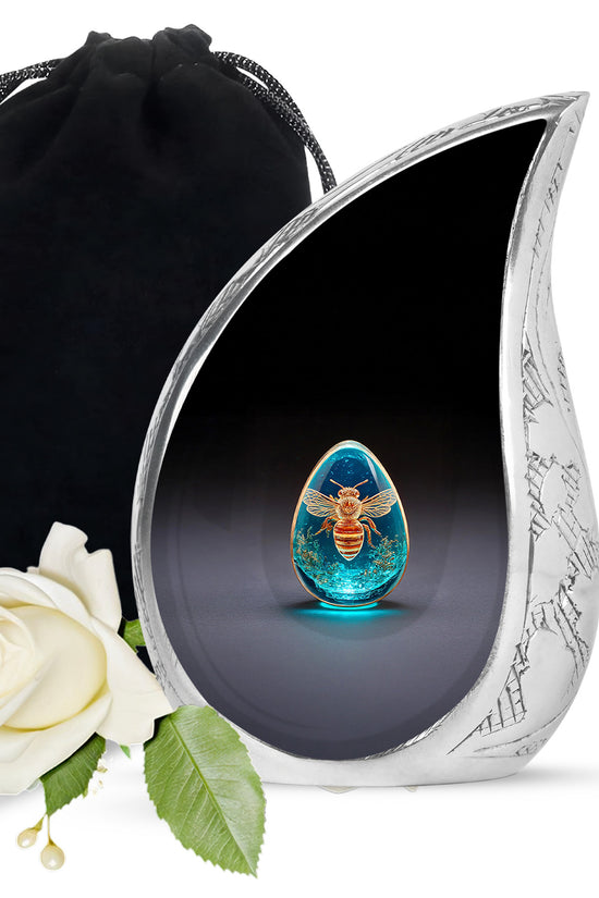 Midnight Black Bee Cremation Urn front view showing detailed design - graceful tear-shaped urn with bee motif - full-size 10 inch 200 cubic inch adult cremation urn