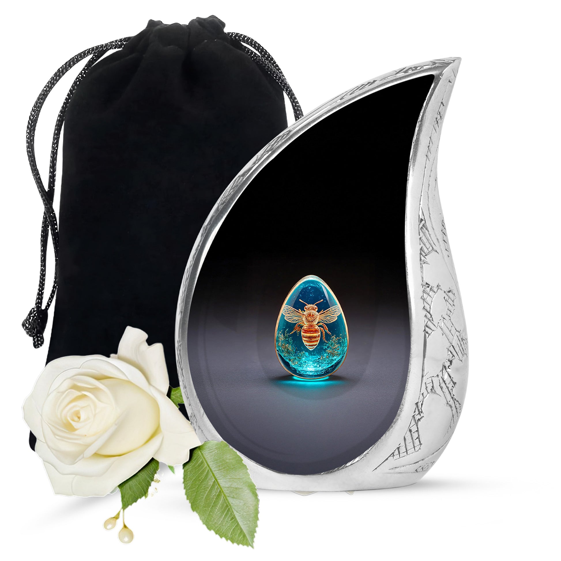 Midnight Black Bee Cremation Urn front view showing detailed design - graceful tear-shaped urn with bee motif - full-size 10 inch 200 cubic inch adult cremation urn