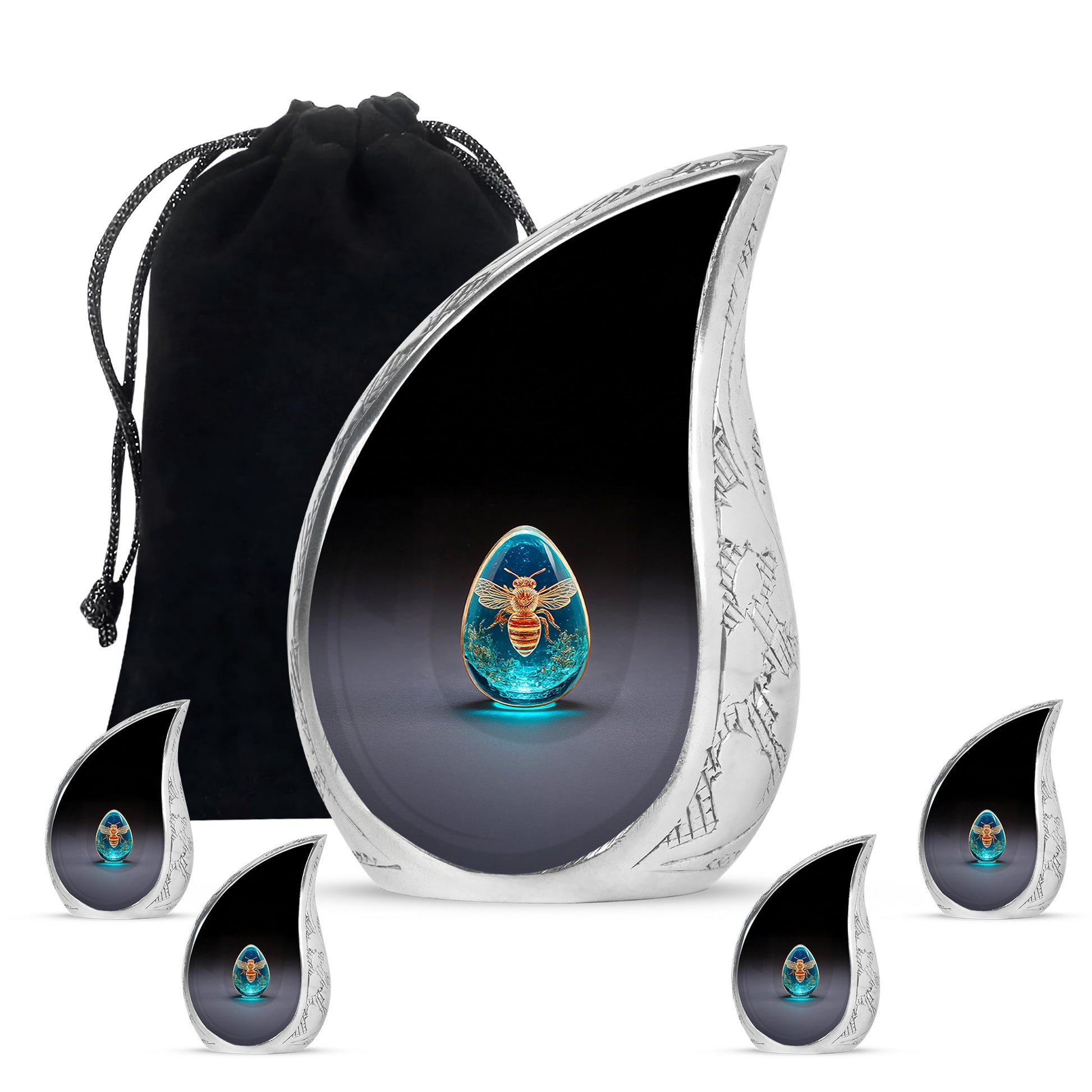 Midnight Black Bee Cremation Urn side profile showing urn shape - smooth teardrop contour featuring bee art - memorial set with one large and four small urns