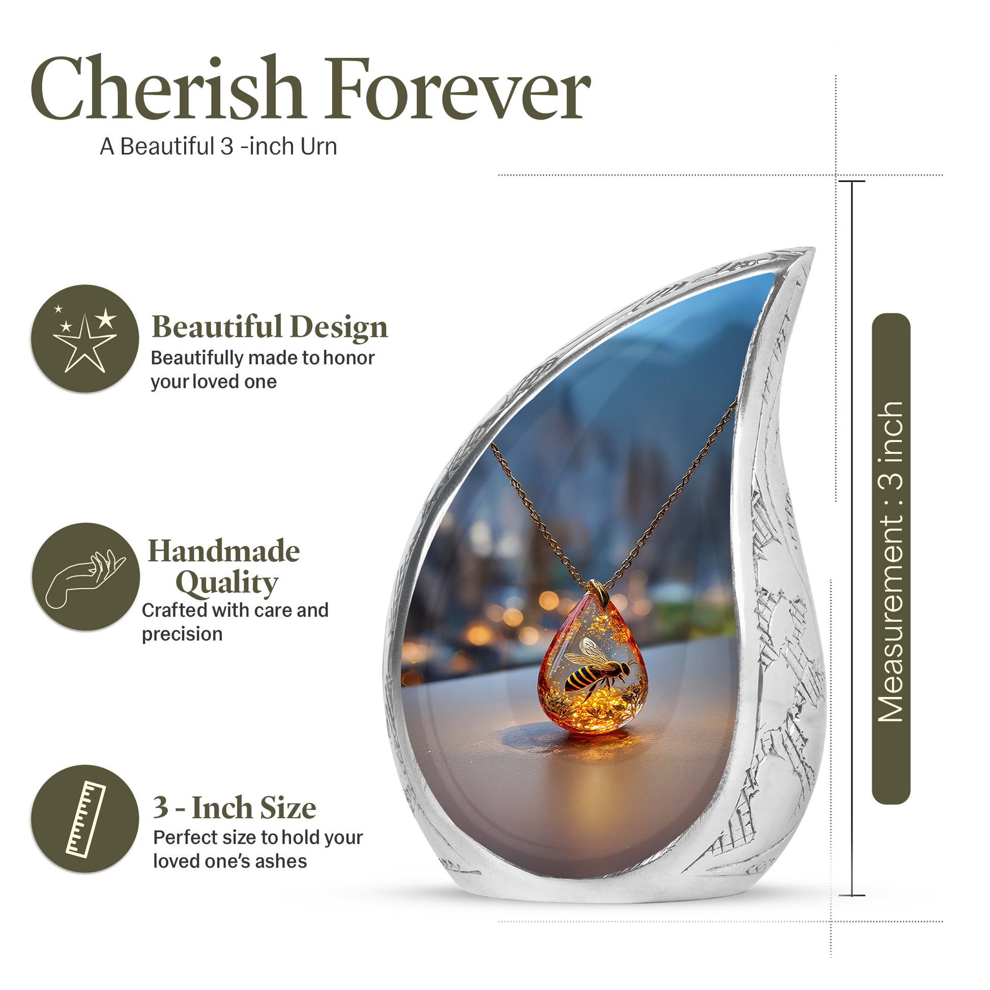 Charcoal Black Bee Cremation Urn angled view of lid and engraved motif - graceful tear-shaped urn with bee motif - mini keepsake memorial for portion of cremation ashes