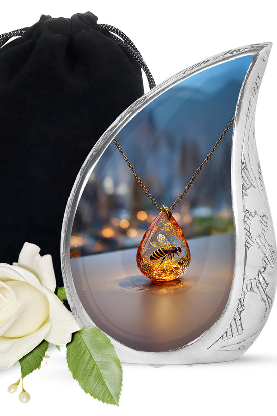 Dark Black Bee Cremation Urn front view showing detailed design - graceful tear-shaped urn with bee motif - full-size 10 inch 200 cubic inch adult cremation urn