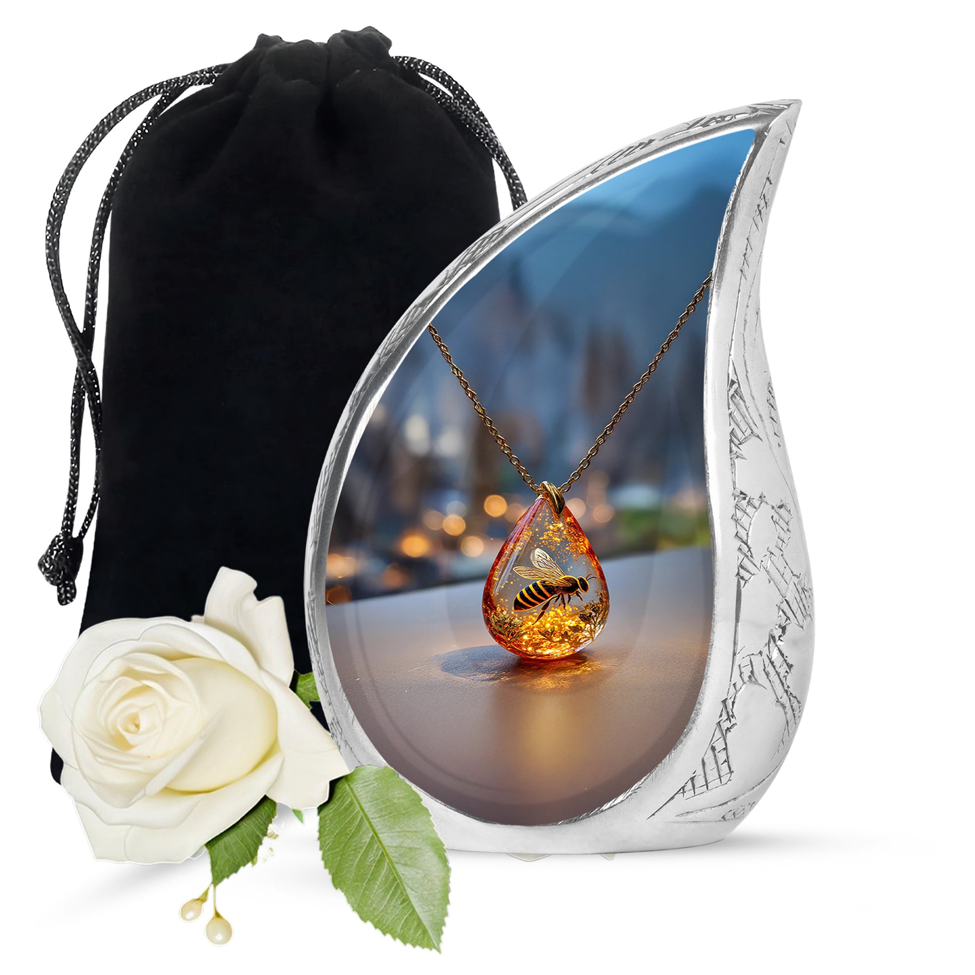 Dark Black Bee Cremation Urn front view showing detailed design - graceful tear-shaped urn with bee motif - full-size 10 inch 200 cubic inch adult cremation urn