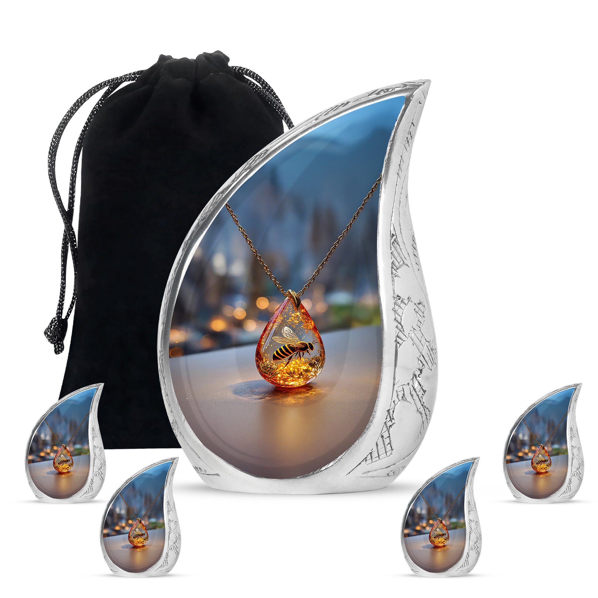 Obsidian Black Bee Cremation Urn side profile showing urn shape - graceful tear-shaped urn with bee motif - memorial set with one large and four small urns