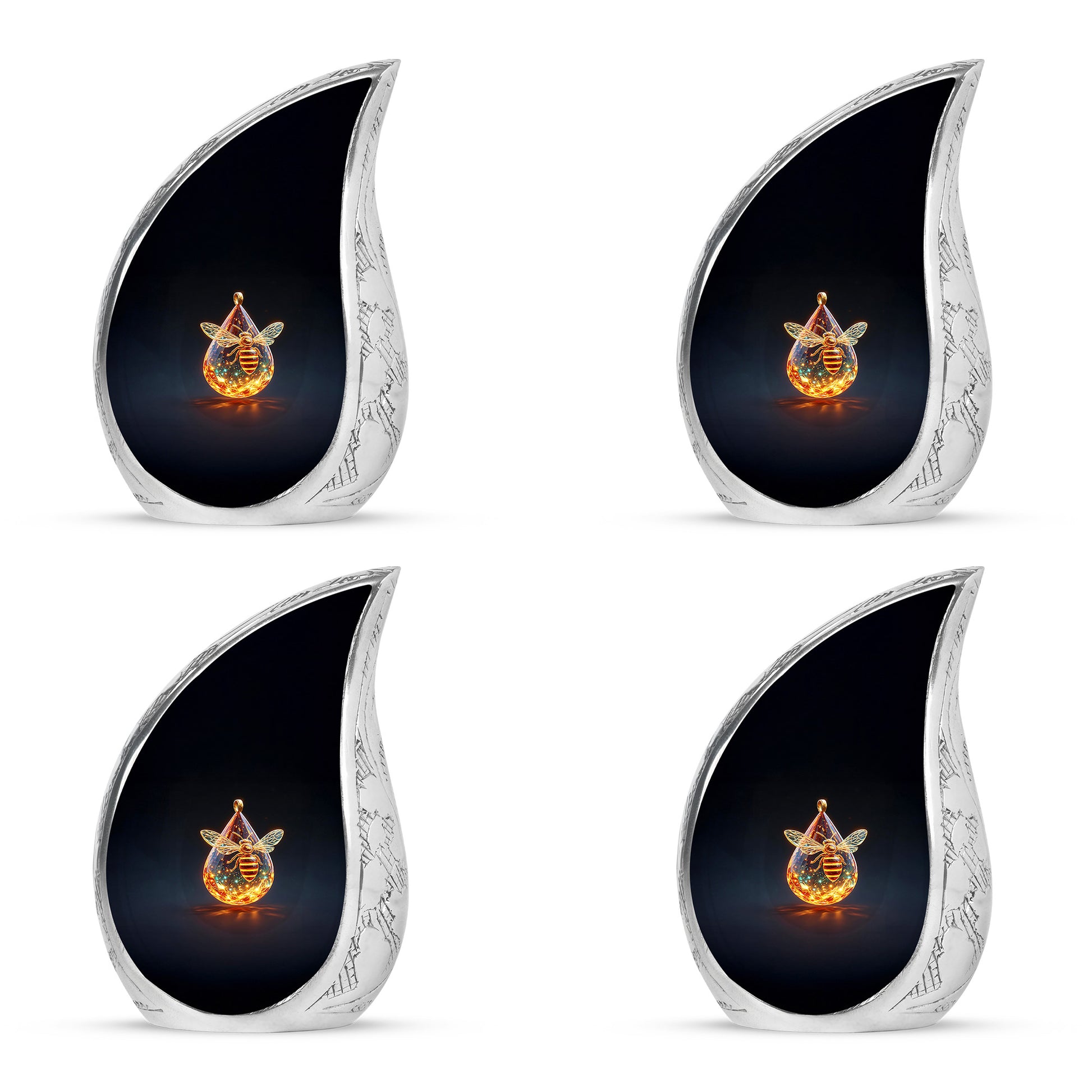 Jet Black Bee Cremation Urn close-up of engraving and surface detail - flowing teardrop bee silhouette on curved aluminum - 10 inch aluminum urn for cremated remains