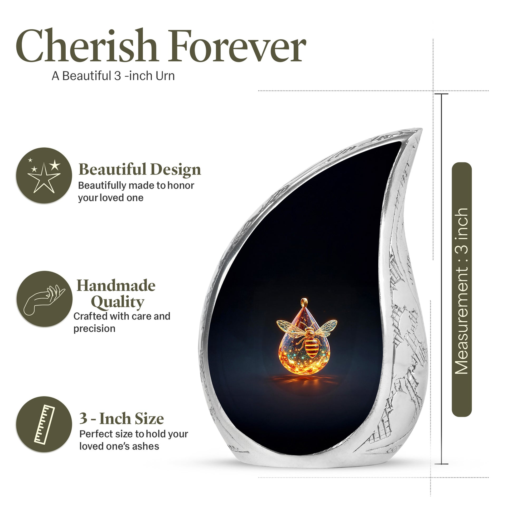 Deep Black Bee Cremation Urn angled view of lid and engraved motif - rounded teardrop bee design with delicate detail - mini keepsake memorial for portion of cremation ashes