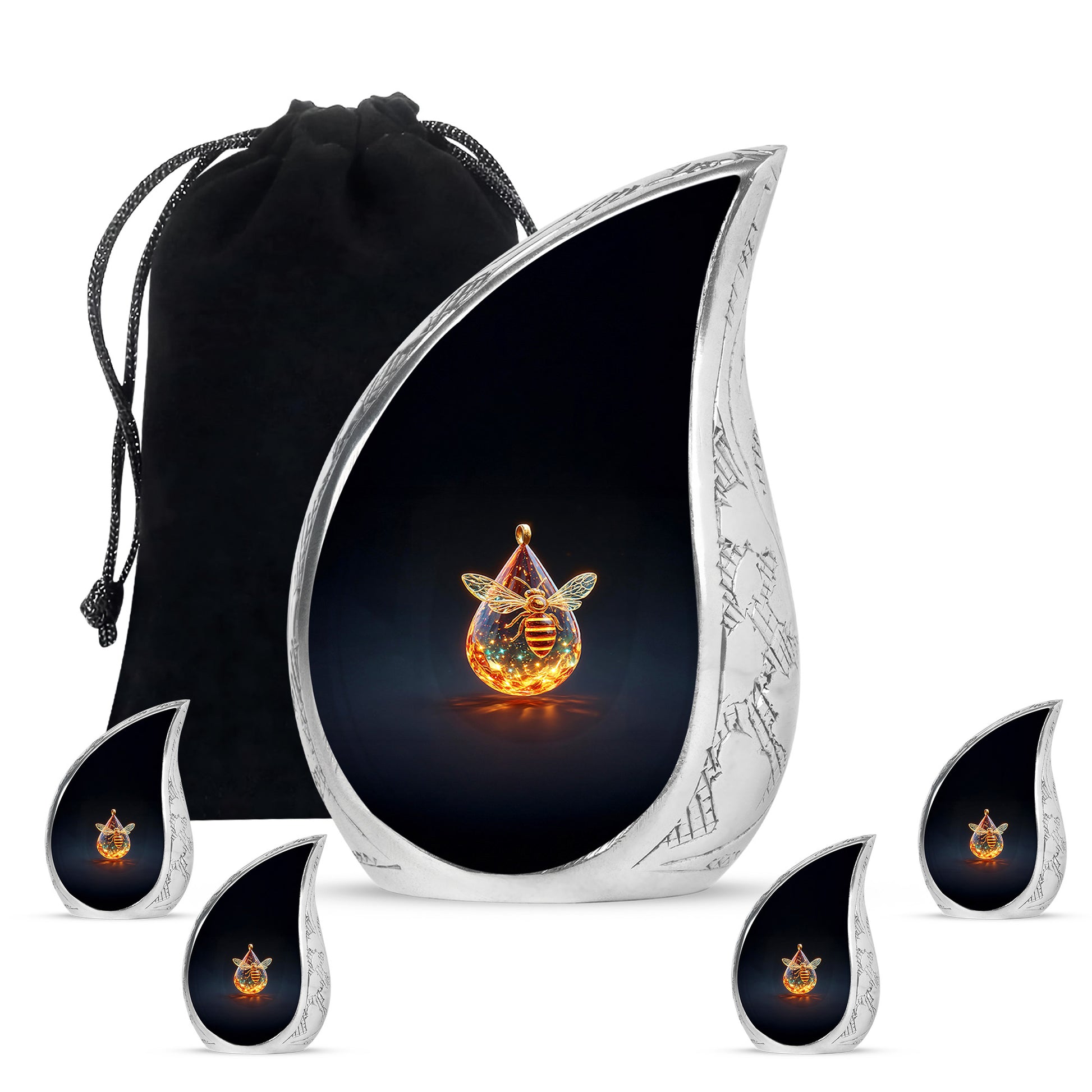 Glossy Black Bee Cremation Urn side profile showing urn shape - rounded teardrop bee design with delicate detail - memorial set with one large and four small urns