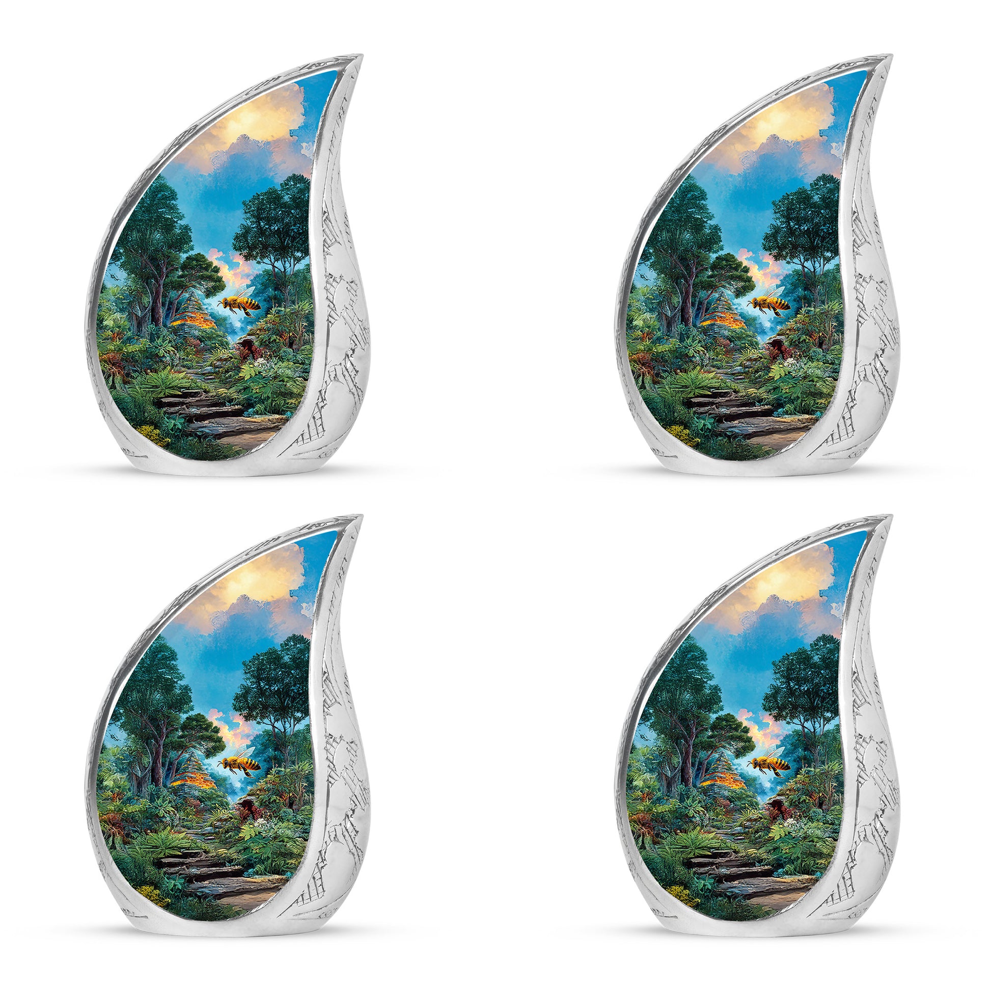 Vivid Teal Bee Cremation Urn close-up of engraving and surface detail - graceful tear-shaped urn with bee motif - 10 inch aluminum urn for cremated remains