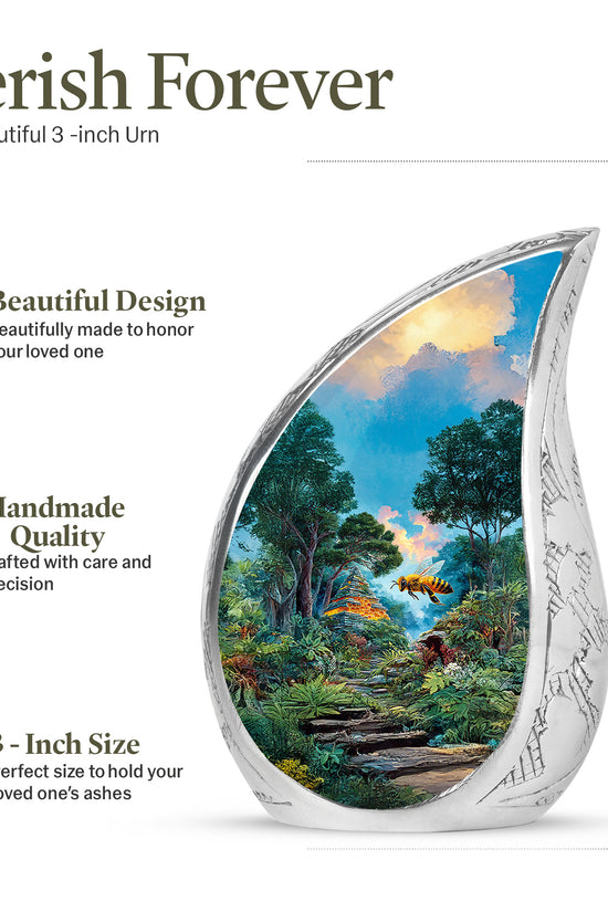 Deep Teal Bee Cremation Urn angled view of lid and engraved motif - graceful tear-shaped urn with bee motif - mini keepsake memorial for portion of cremation ashes