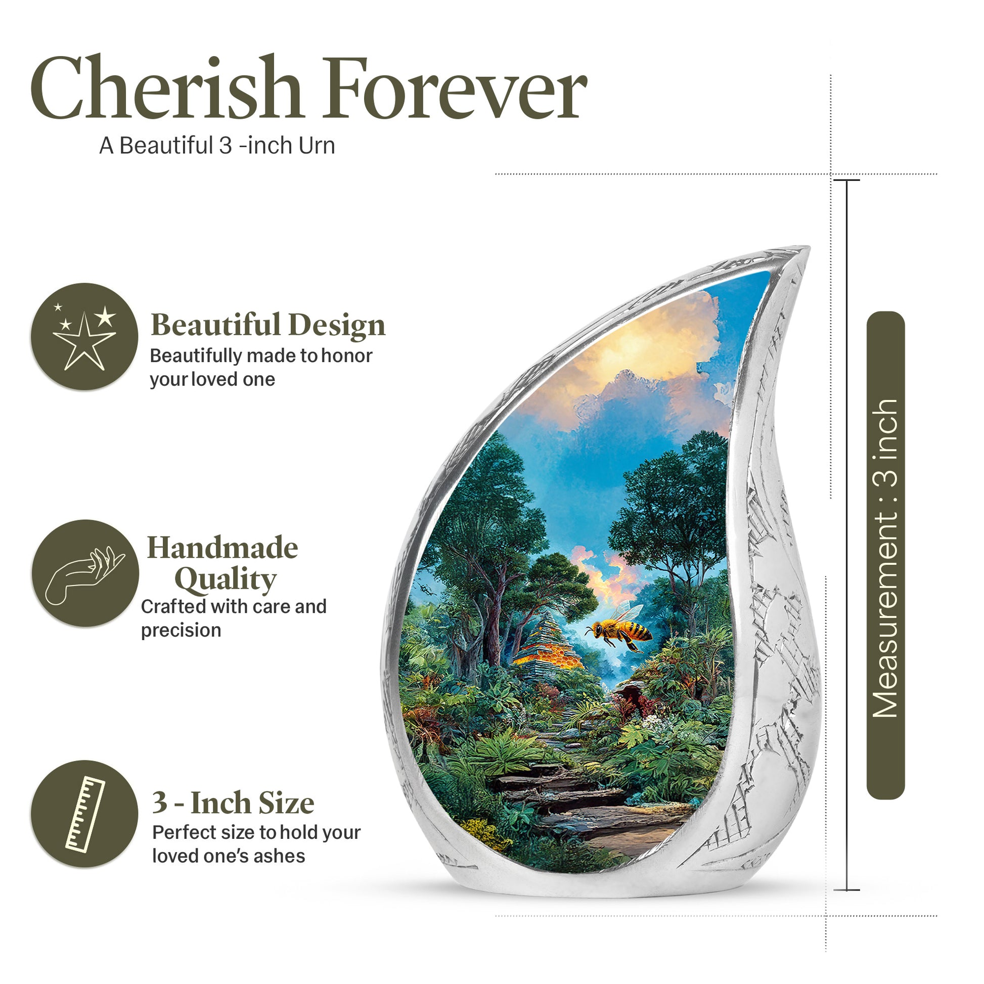 Deep Teal Bee Cremation Urn angled view of lid and engraved motif - graceful tear-shaped urn with bee motif - mini keepsake memorial for portion of cremation ashes