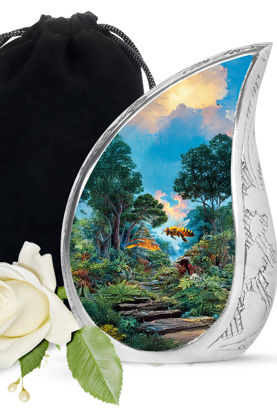 Jewel Teal Bee Cremation Urn front view showing detailed design - rounded teardrop bee design with delicate detail - full-size 10 inch 200 cubic inch adult cremation urn