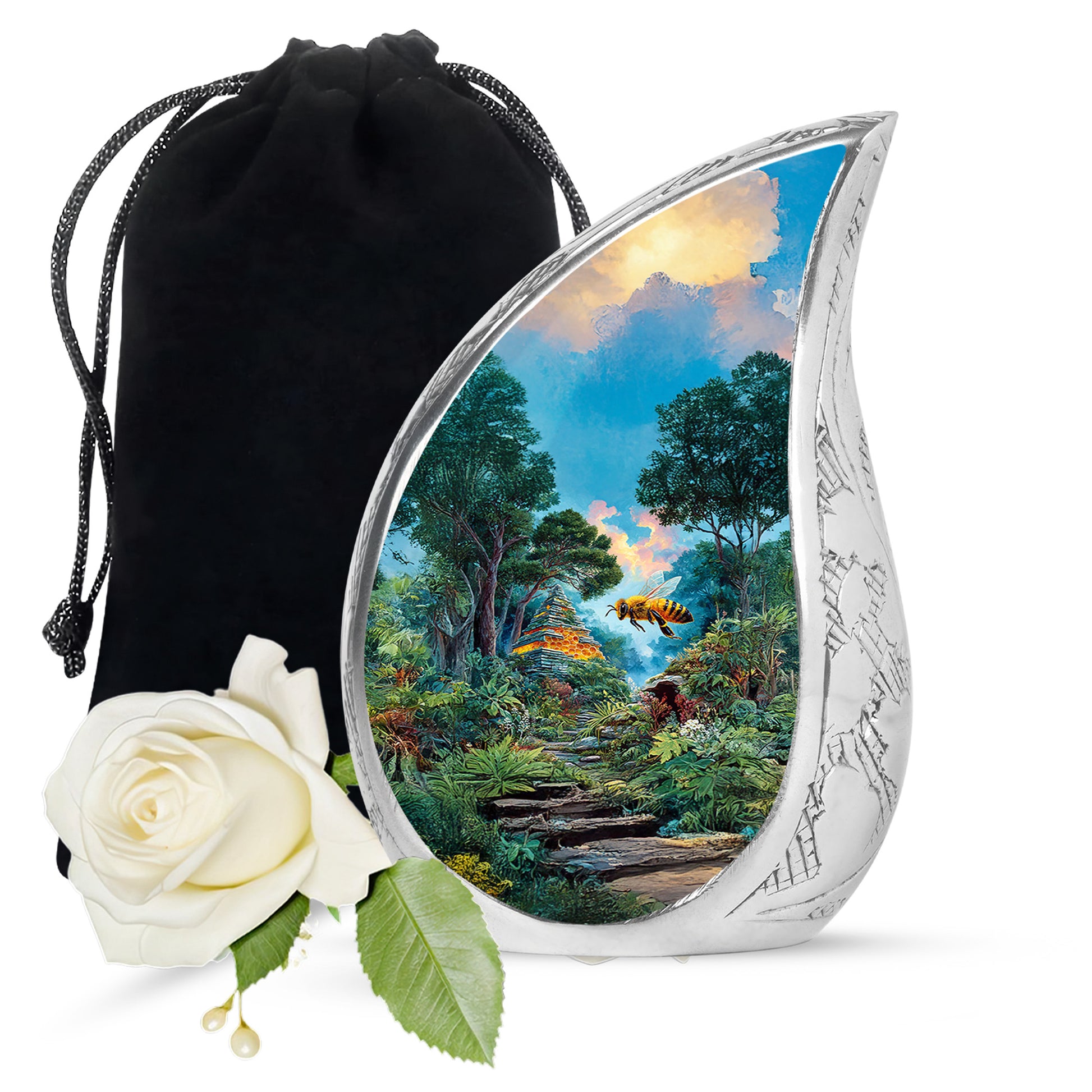 Jewel Teal Bee Cremation Urn front view showing detailed design - rounded teardrop bee design with delicate detail - full-size 10 inch 200 cubic inch adult cremation urn