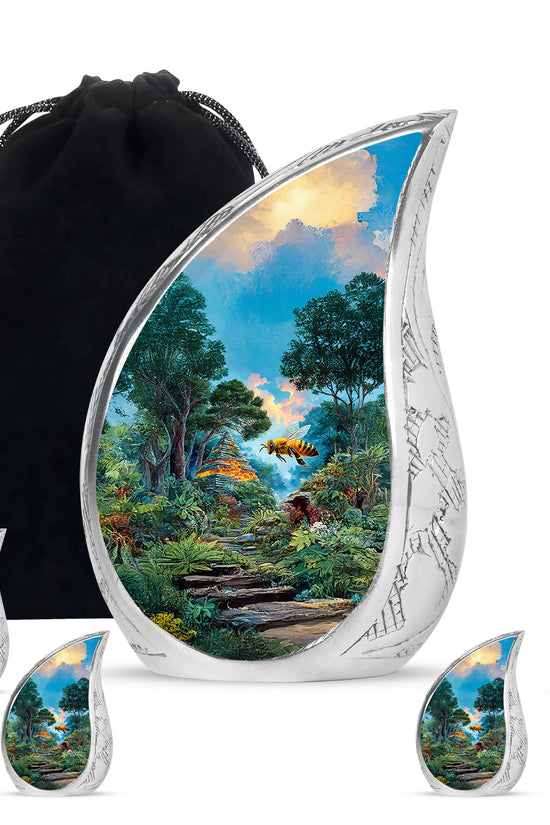Jewel Teal Bee Cremation Urn side profile showing urn shape - flowing teardrop bee silhouette on curved aluminum - memorial set with one large and four small urns