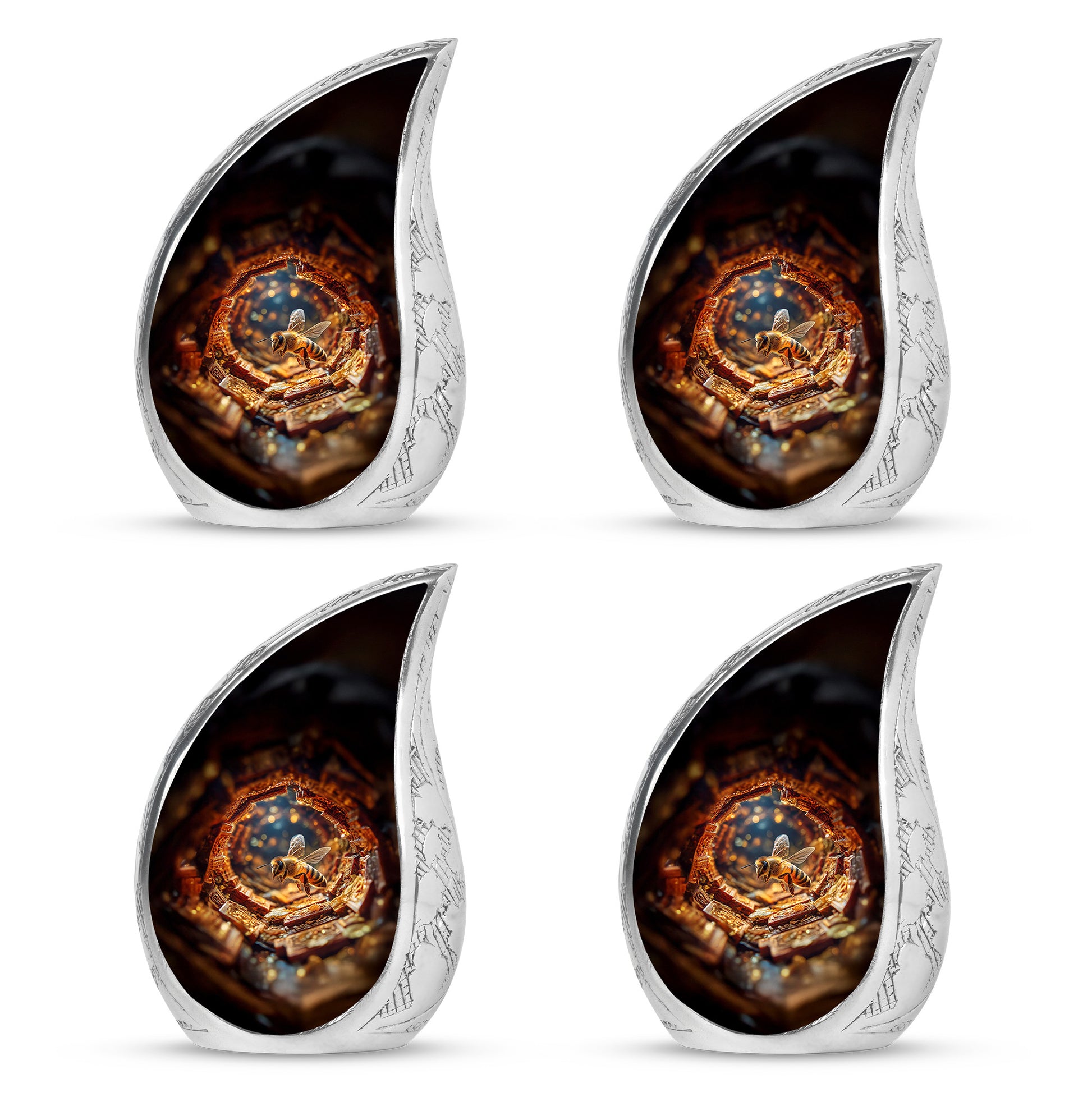 Cherry Red Bee Cremation Urn close-up of engraving and surface detail - smooth teardrop contour featuring bee art - 10 inch aluminum urn for cremated remains