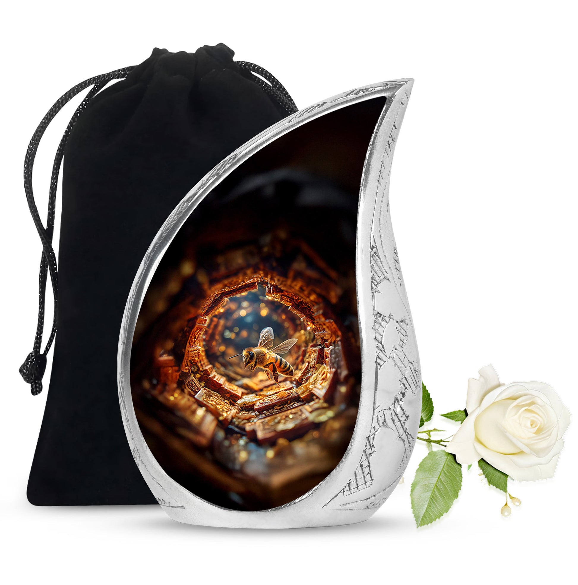 Ruby Red Bee Cremation Urn front view showing detailed design - smooth teardrop contour featuring bee art - full-size 10 inch 200 cubic inch adult cremation urn
