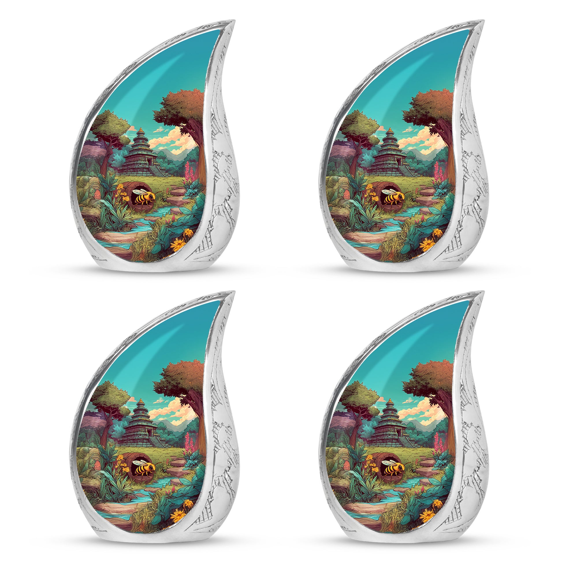 Jade Green Bee Cremation Urn close-up of engraving and surface detail - rounded teardrop bee design with delicate detail - 10 inch aluminum urn for cremated remains