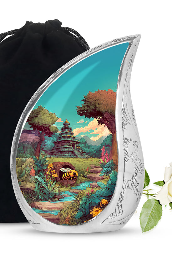 Olive Green Bee Cremation Urn front view showing detailed design - graceful tear-shaped urn with bee motif - full-size 10 inch 200 cubic inch adult cremation urn