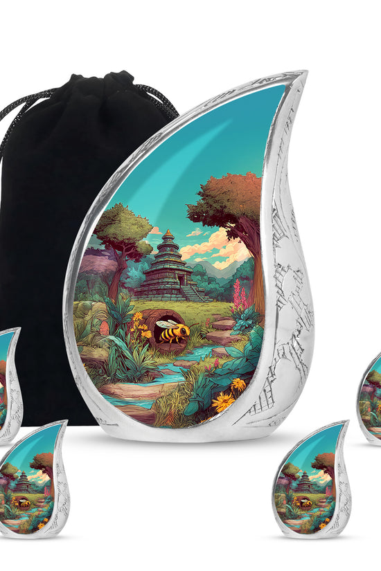 Sage Green Bee Cremation Urn side profile showing urn shape - flowing teardrop bee silhouette on curved aluminum - memorial set with one large and four small urns