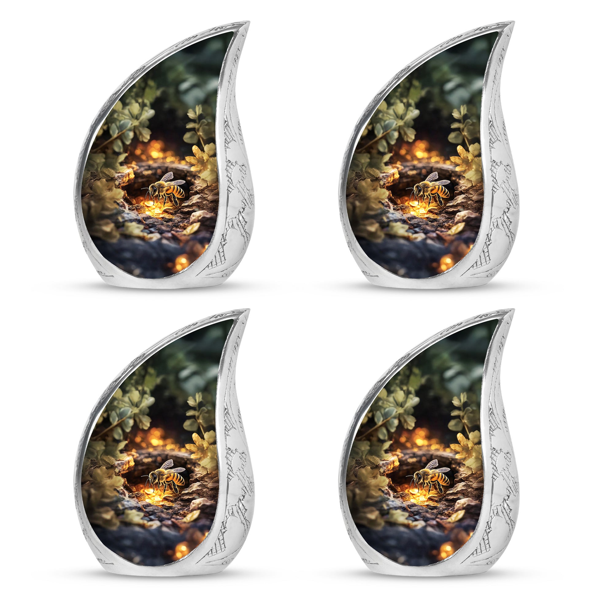 Harvest Gold Bee Cremation Urn close-up of engraving and surface detail - graceful tear-shaped urn with bee motif - 10 inch aluminum urn for cremated remains