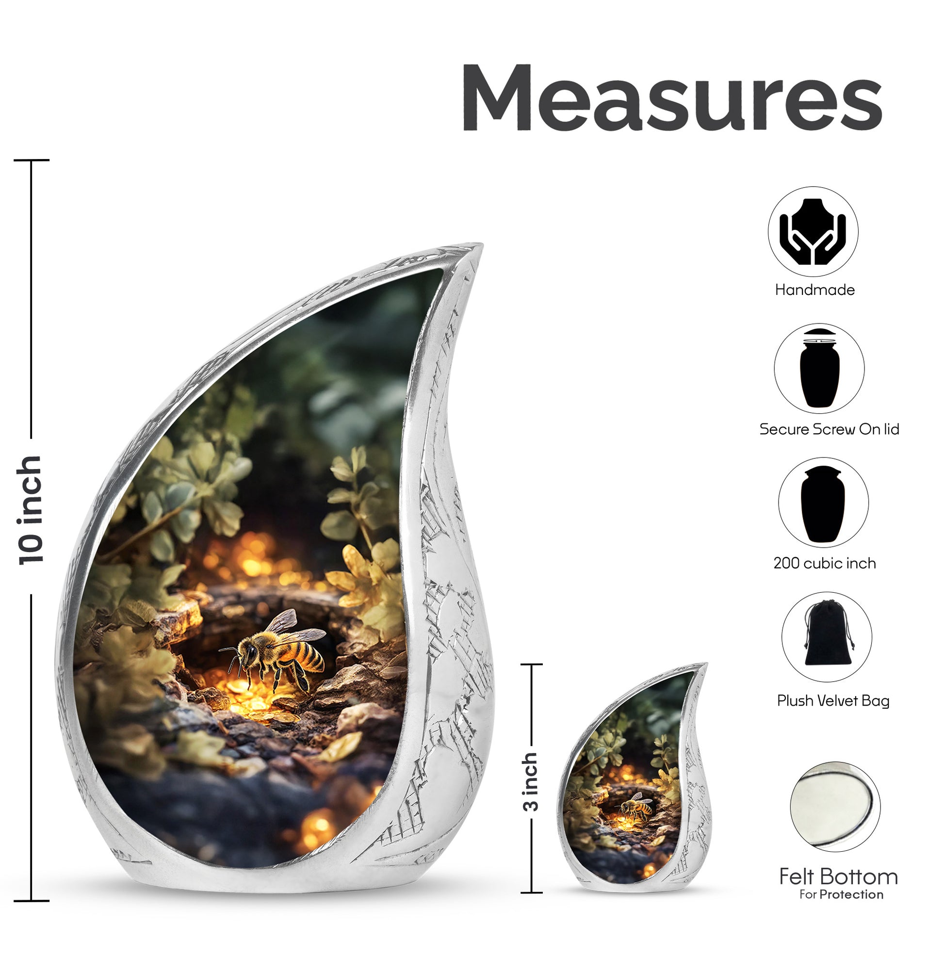 Harvest Gold Bee Cremation Urn angled view of lid and engraved motif - smooth teardrop contour featuring bee art - mini keepsake memorial for portion of cremation ashes