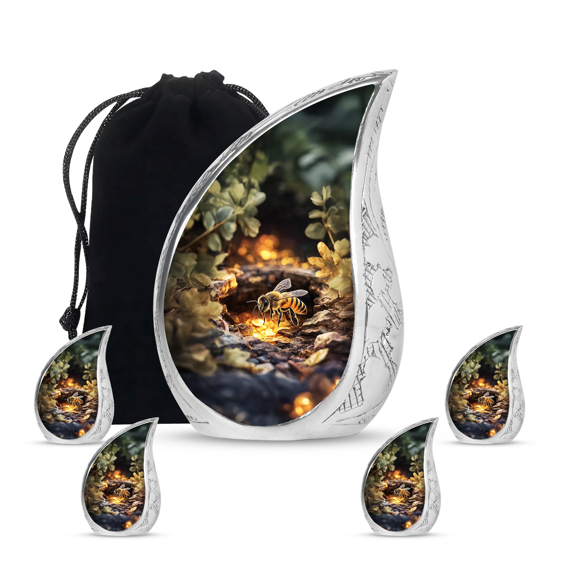 Royal Gold Bee Cremation Urn side profile showing urn shape - graceful tear-shaped urn with bee motif - memorial set with one large and four small urns