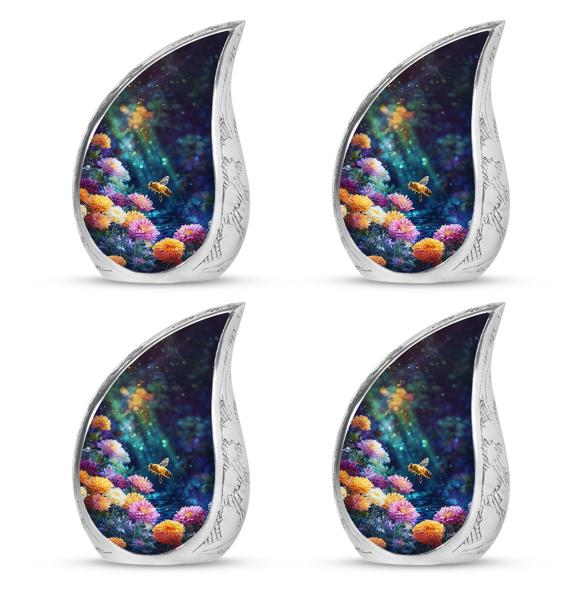 Midnight Black Bee Cremation Urn close-up of engraving and surface detail - smooth teardrop contour featuring bee art - 10 inch aluminum urn for cremated remains