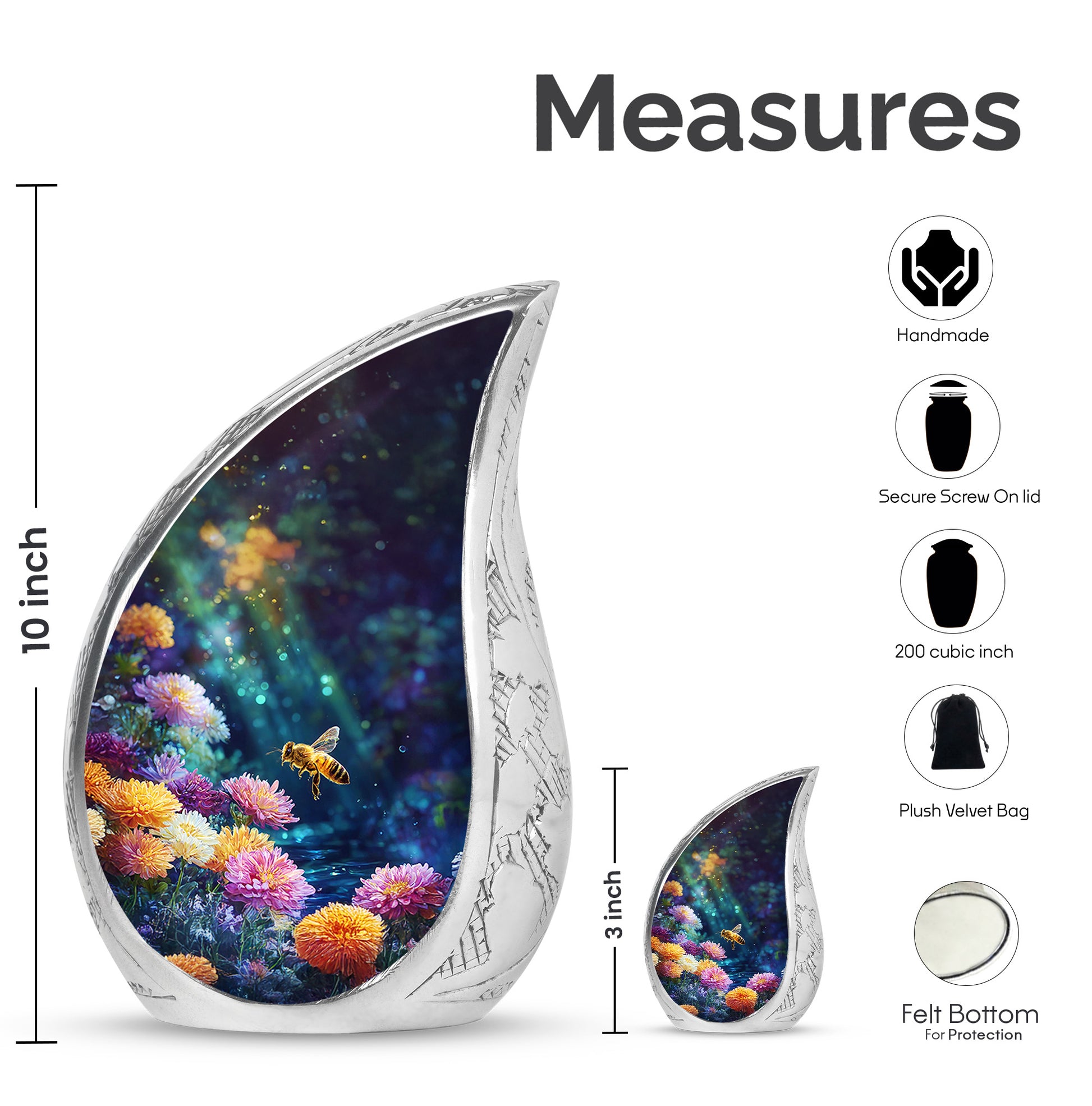 Ebony Bee Cremation Urn angled view of lid and engraved motif - rounded teardrop bee design with delicate detail - mini keepsake memorial for portion of cremation ashes