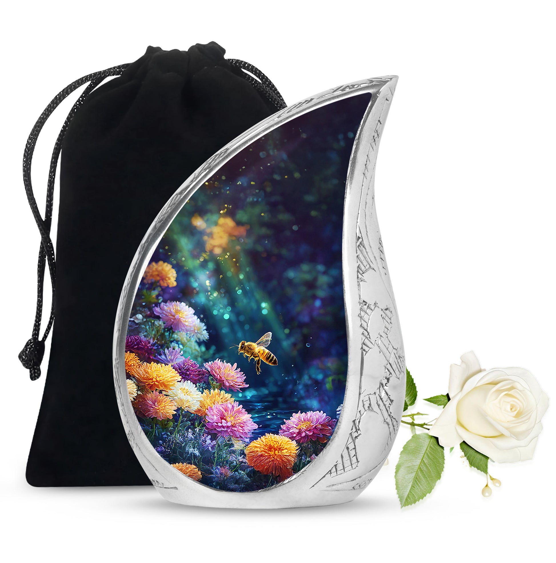 Glossy Black Bee Cremation Urn front view showing detailed design - flowing teardrop bee silhouette on curved aluminum - full-size 10 inch 200 cubic inch adult cremation urn