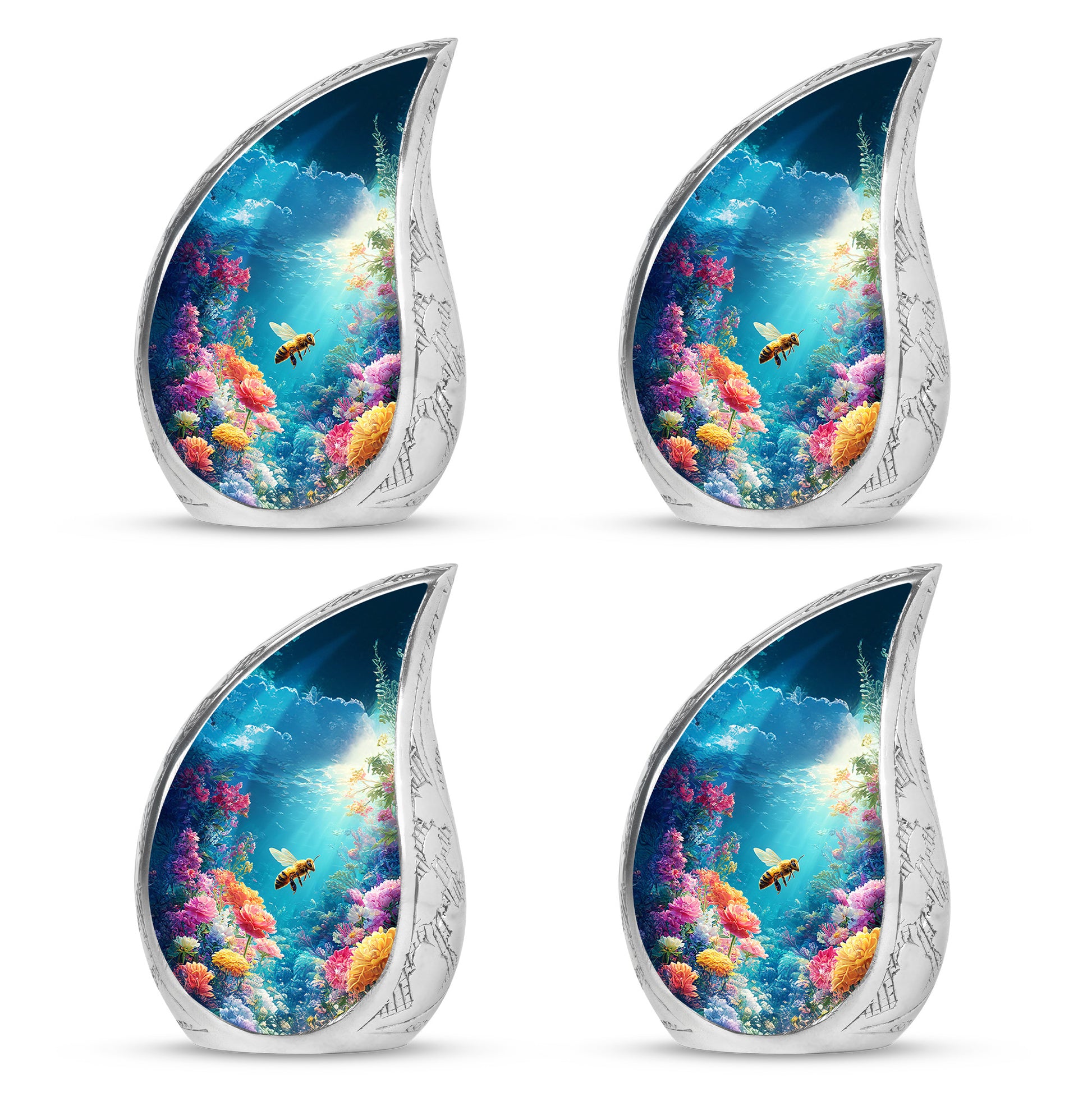 Bright Blue Bee Cremation Urn close-up of engraving and surface detail - smooth teardrop contour featuring bee art - 10 inch aluminum urn for cremated remains