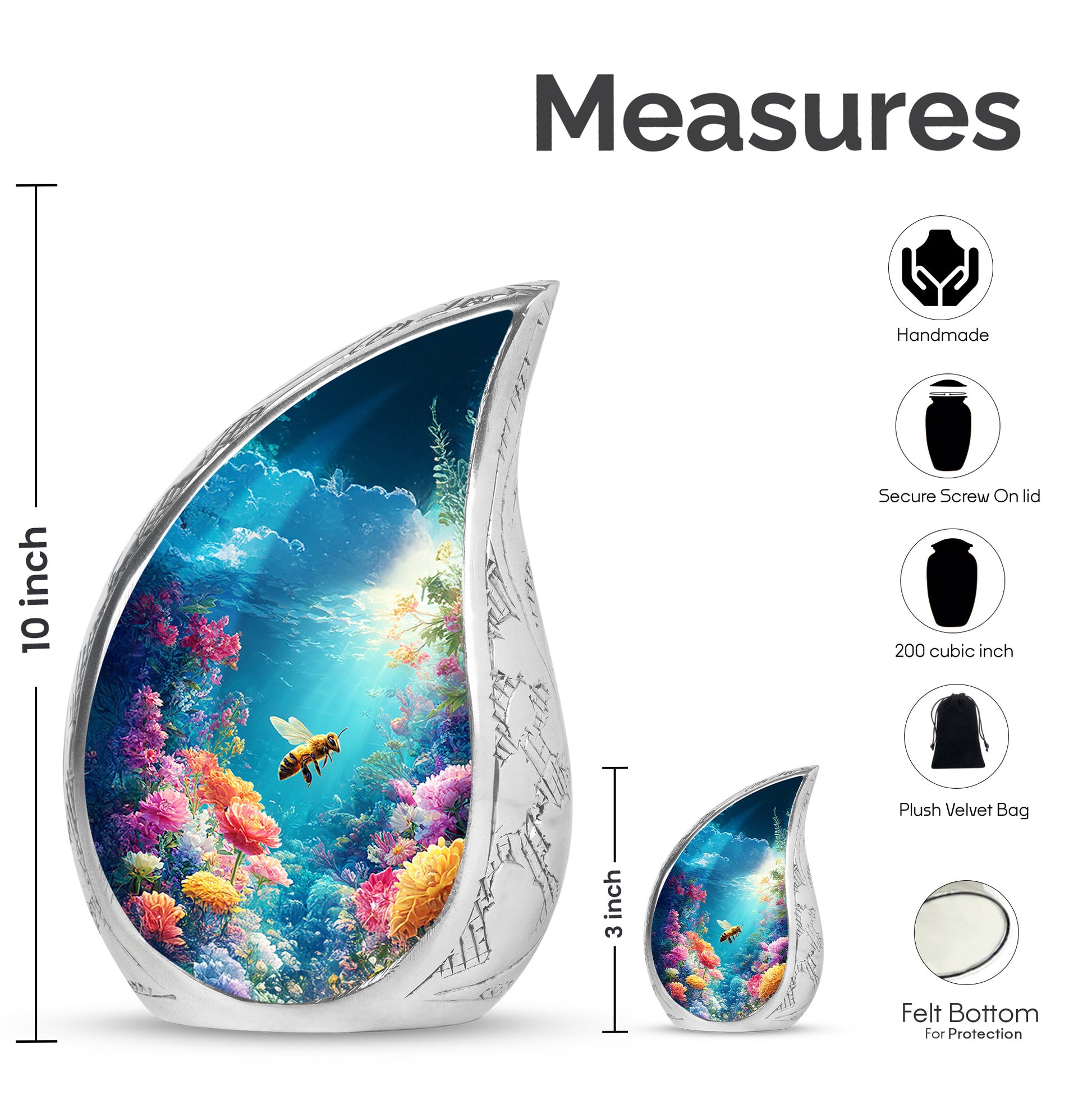 Celestial Blue Bee Cremation Urn angled view of lid and engraved motif - rounded teardrop bee design with delicate detail - mini keepsake memorial for portion of cremation ashes