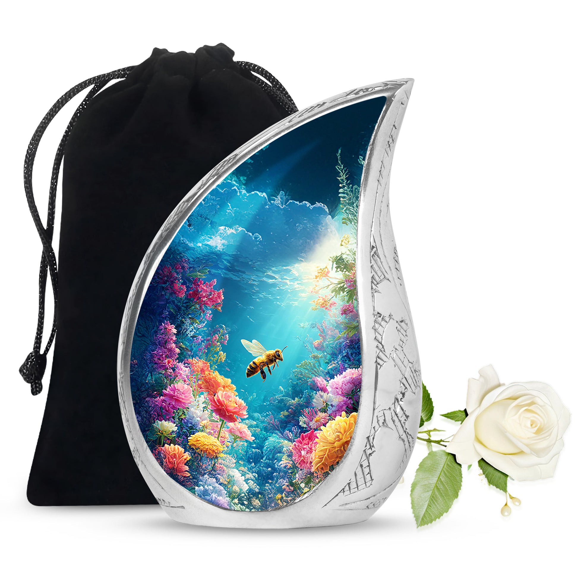Steel Blue Bee Cremation Urn front view showing detailed design - smooth teardrop contour featuring bee art - full-size 10 inch 200 cubic inch adult cremation urn