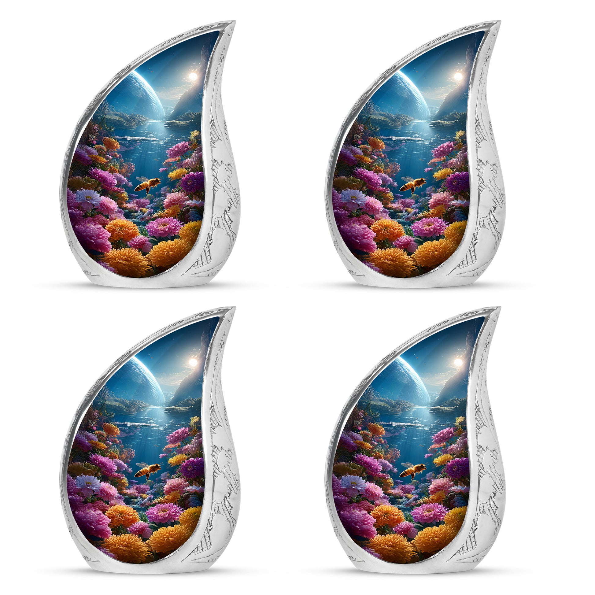 Sapphire Blue Bee Cremation Urn close-up of engraving and surface detail - smooth teardrop contour featuring bee art - 10 inch aluminum urn for cremated remains
