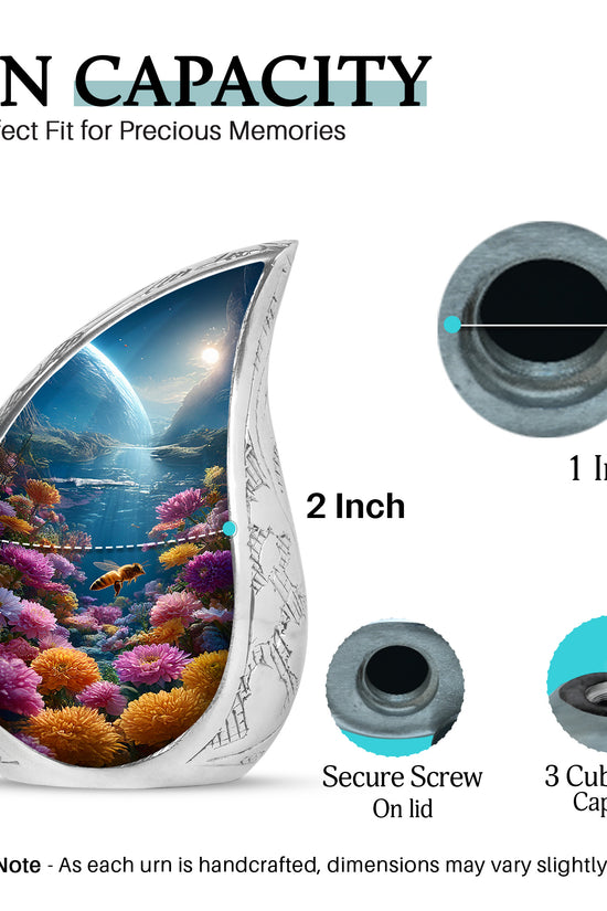 Navy Blue Bee Cremation Urn angled view of lid and engraved motif - rounded teardrop bee design with delicate detail - mini keepsake memorial for portion of cremation ashes