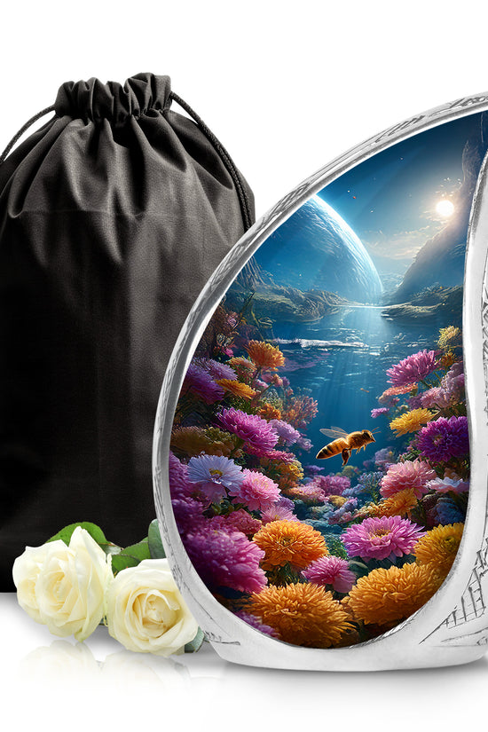 Bright Blue Bee Cremation Urn front view showing detailed design - smooth teardrop contour featuring bee art - full-size 10 inch 200 cubic inch adult cremation urn