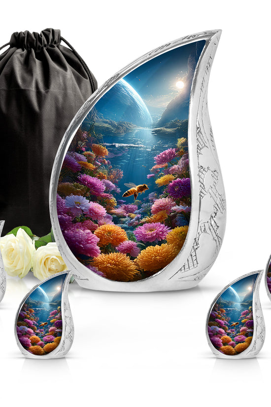 Soft Blue Bee Cremation Urn side profile showing urn shape - smooth teardrop contour featuring bee art - memorial set with one large and four small urns