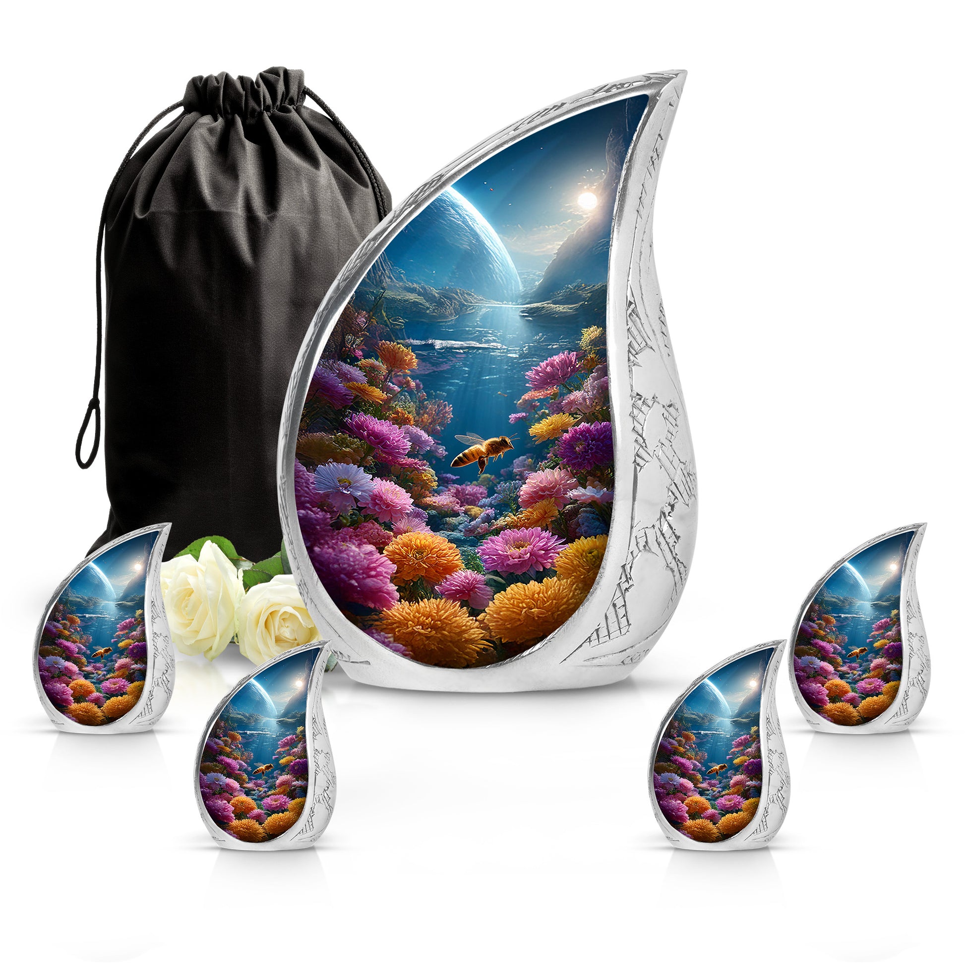 Soft Blue Bee Cremation Urn side profile showing urn shape - smooth teardrop contour featuring bee art - memorial set with one large and four small urns
