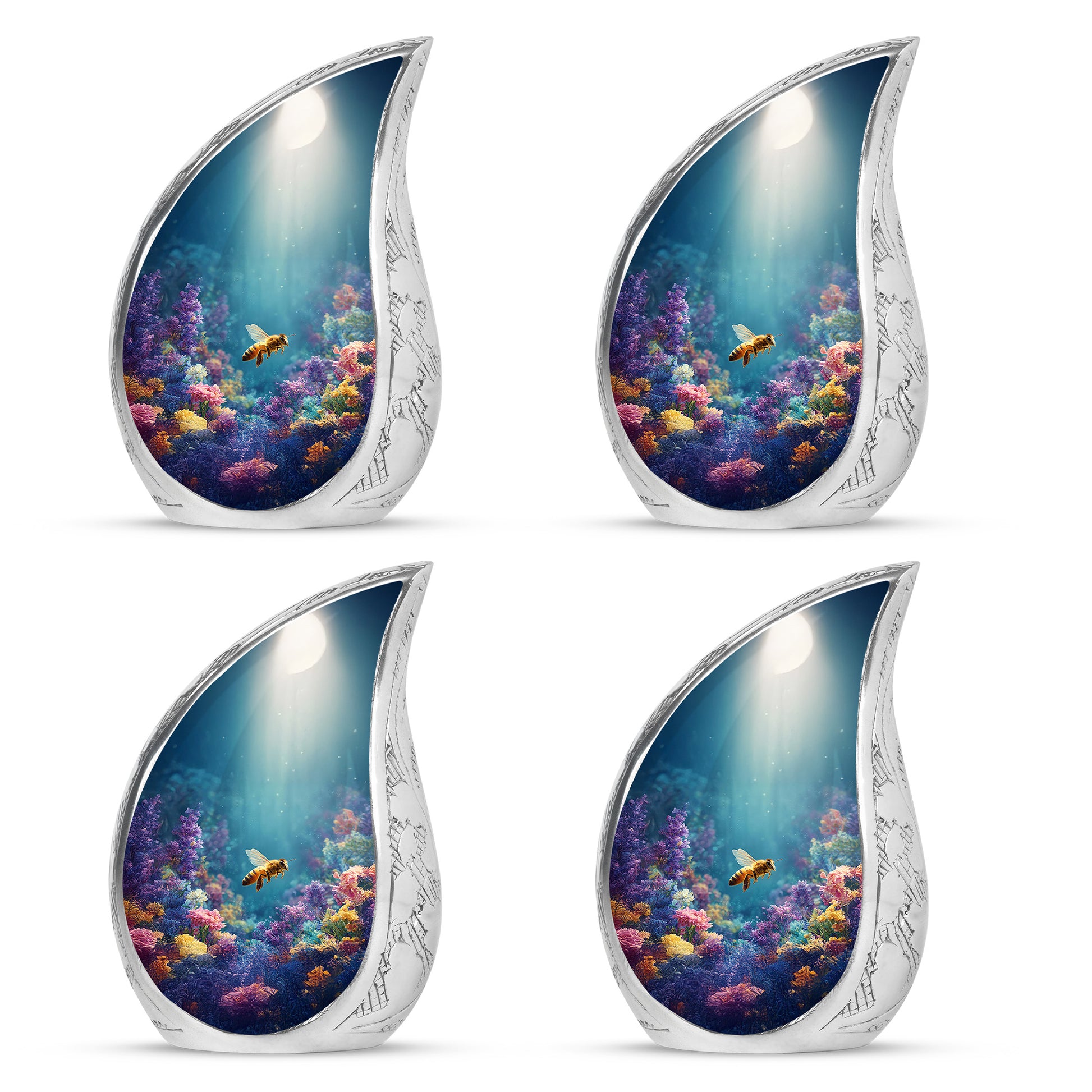 Deep Teal Bee Cremation Urn close-up of engraving and surface detail - graceful tear-shaped urn with bee motif - 10 inch aluminum urn for cremated remains