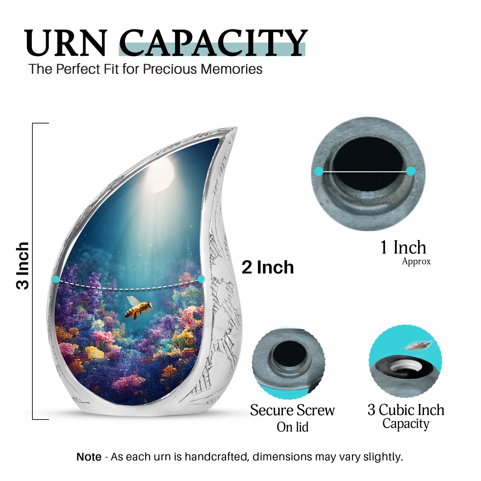Vivid Teal Bee Cremation Urn angled view of lid and engraved motif - graceful tear-shaped urn with bee motif - mini keepsake memorial for portion of cremation ashes