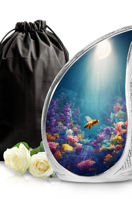 Ocean Teal Bee Cremation Urn front view showing detailed design - flowing teardrop bee silhouette on curved aluminum - full-size 10 inch 200 cubic inch adult cremation urn