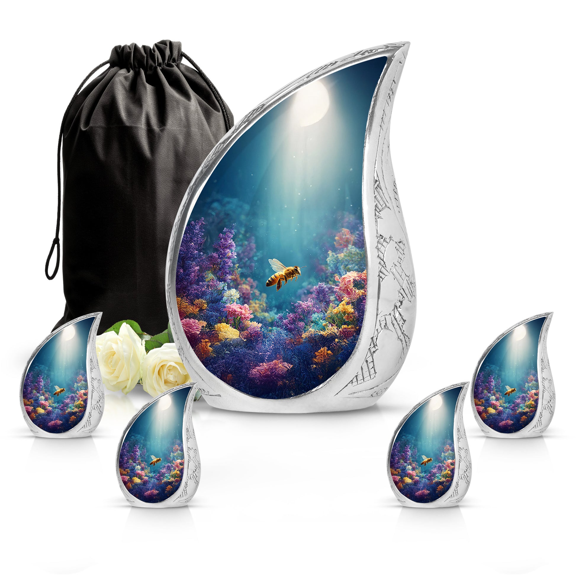 Vivid Teal Bee Cremation Urn side profile showing urn shape - graceful tear-shaped urn with bee motif - memorial set with one large and four small urns