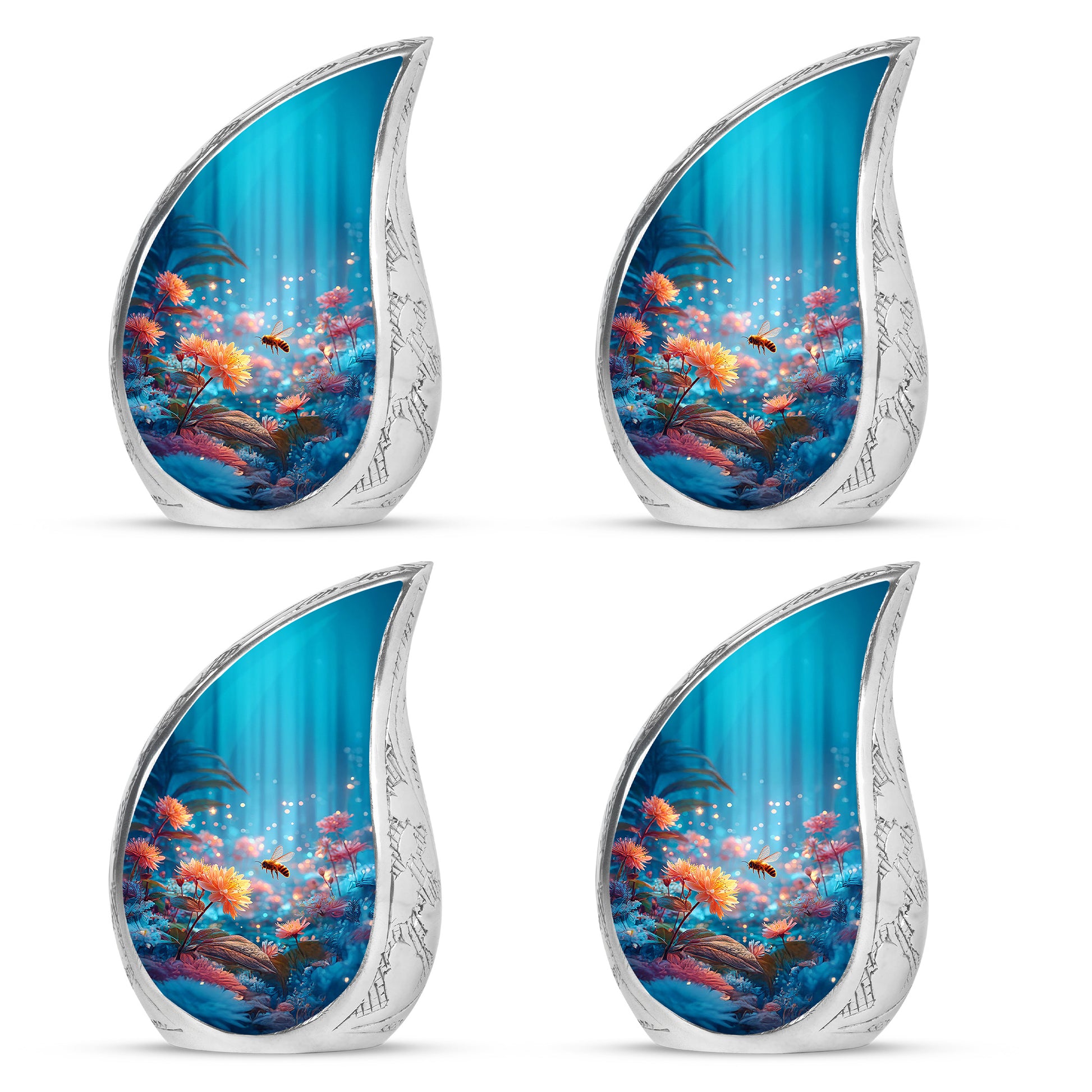Celestial Blue Bee Cremation Urn close-up of engraving and surface detail - rounded teardrop bee design with delicate detail - 10 inch aluminum urn for cremated remains