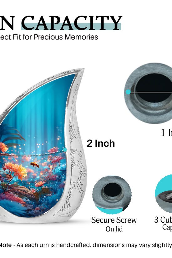 Cornflower Blue Bee Cremation Urn angled view of lid and engraved motif - graceful tear-shaped urn with bee motif - mini keepsake memorial for portion of cremation ashes