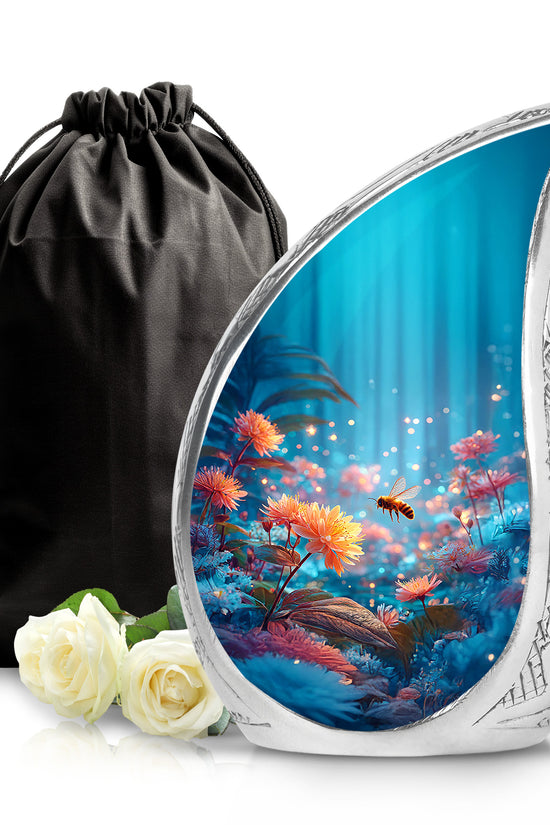 Pastel Blue Bee Cremation Urn front view showing detailed design - flowing teardrop bee silhouette on curved aluminum - full-size 10 inch 200 cubic inch adult cremation urn
