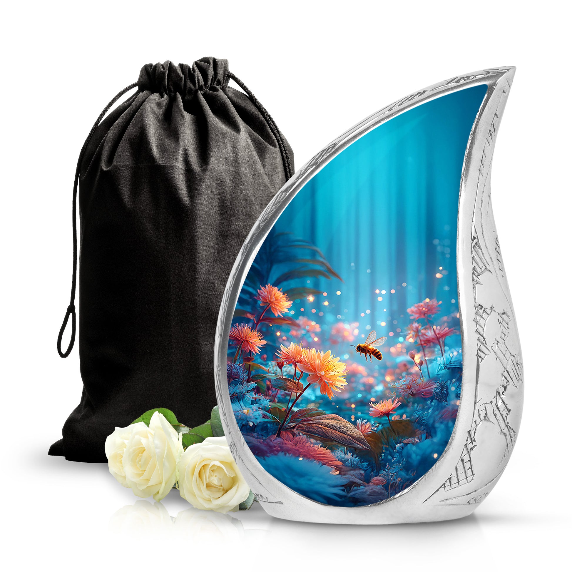 Pastel Blue Bee Cremation Urn front view showing detailed design - flowing teardrop bee silhouette on curved aluminum - full-size 10 inch 200 cubic inch adult cremation urn