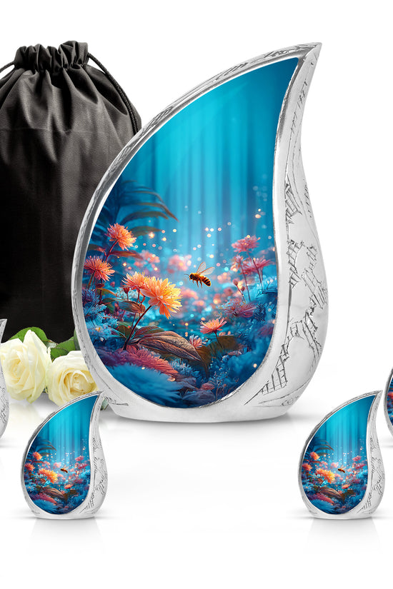 Sapphire Blue Bee Cremation Urn side profile showing urn shape - smooth teardrop contour featuring bee art - memorial set with one large and four small urns