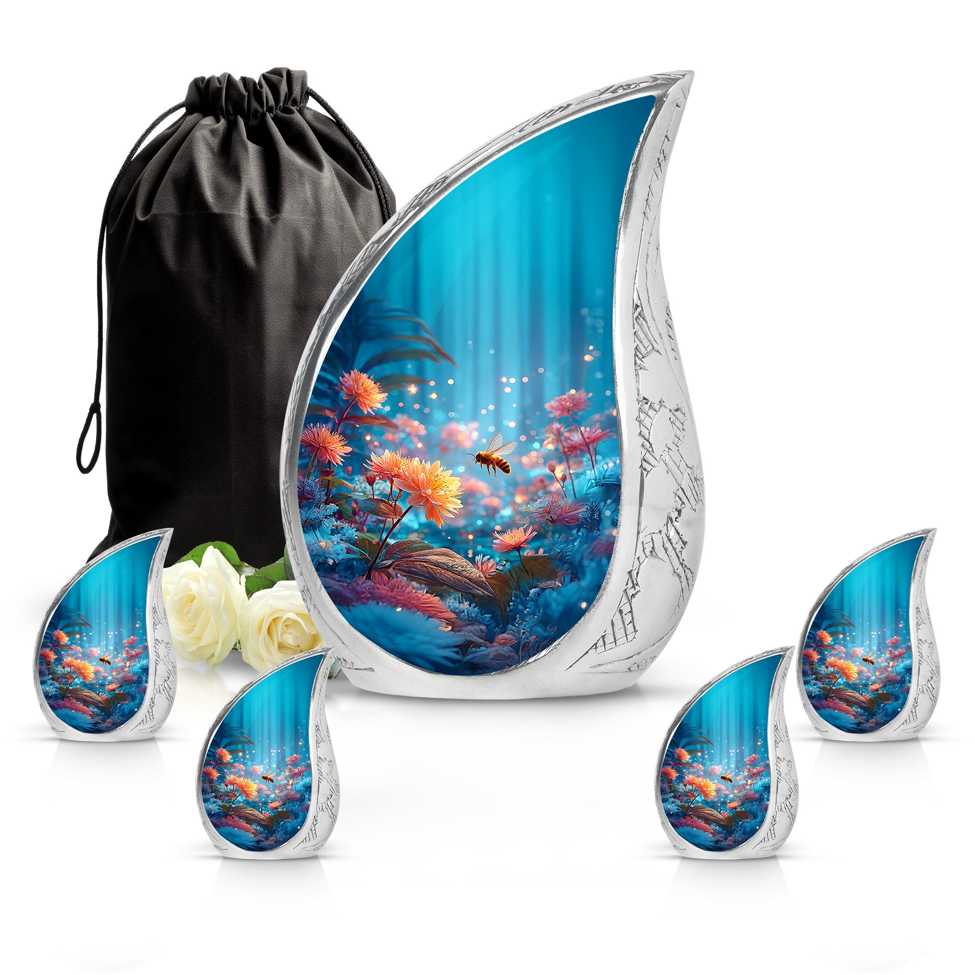 Sapphire Blue Bee Cremation Urn side profile showing urn shape - smooth teardrop contour featuring bee art - memorial set with one large and four small urns