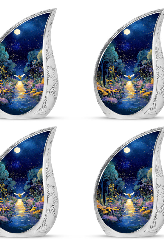 Twilight Blue Bee Cremation Urn close-up of engraving and surface detail - graceful tear-shaped urn with bee motif - 10 inch aluminum urn for cremated remains