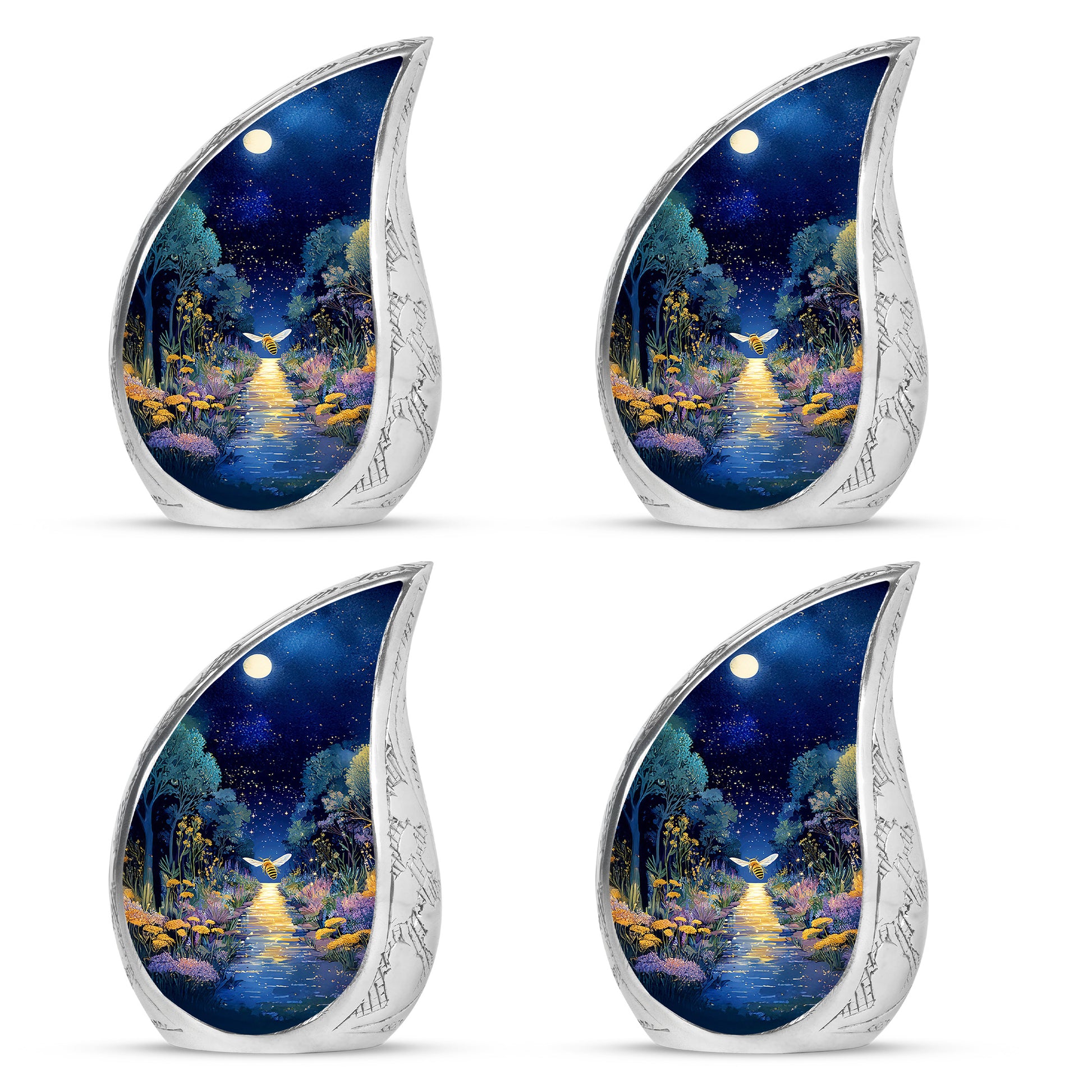 Twilight Blue Bee Cremation Urn close-up of engraving and surface detail - graceful tear-shaped urn with bee motif - 10 inch aluminum urn for cremated remains